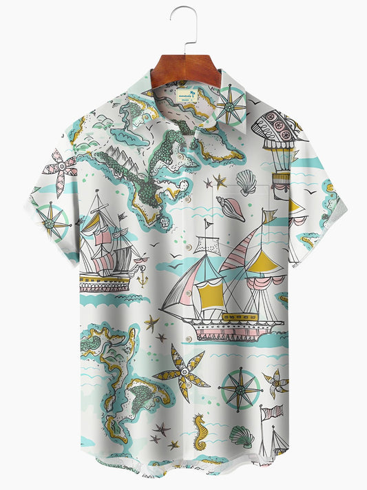 Hawaiian Shirt / Adults / S Vintage Nautical Ship Travel Map Hawaiian Shirt