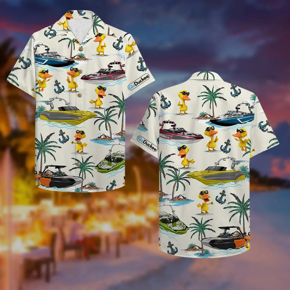 Wakeboarding Duck Unisex Hawaiian Shirt Aloha Shirt Summer Vibe Wakeboard Boat &amp; Duck Pattern