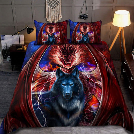 Wolf And Dragon Combat Bedding Cover For Fantasy Bedroom Decor