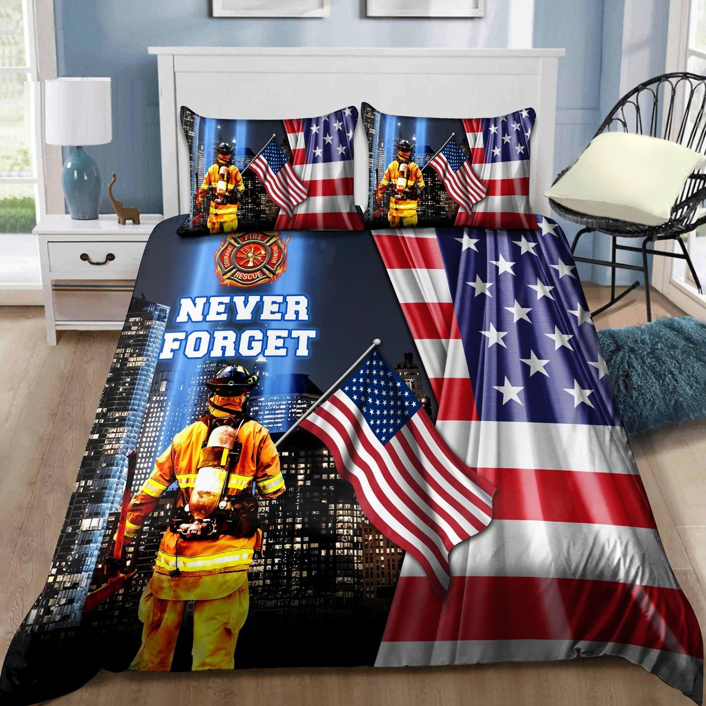 Firefighter Never Forget America Bedding Cover For Firefighter Bedroom Decor