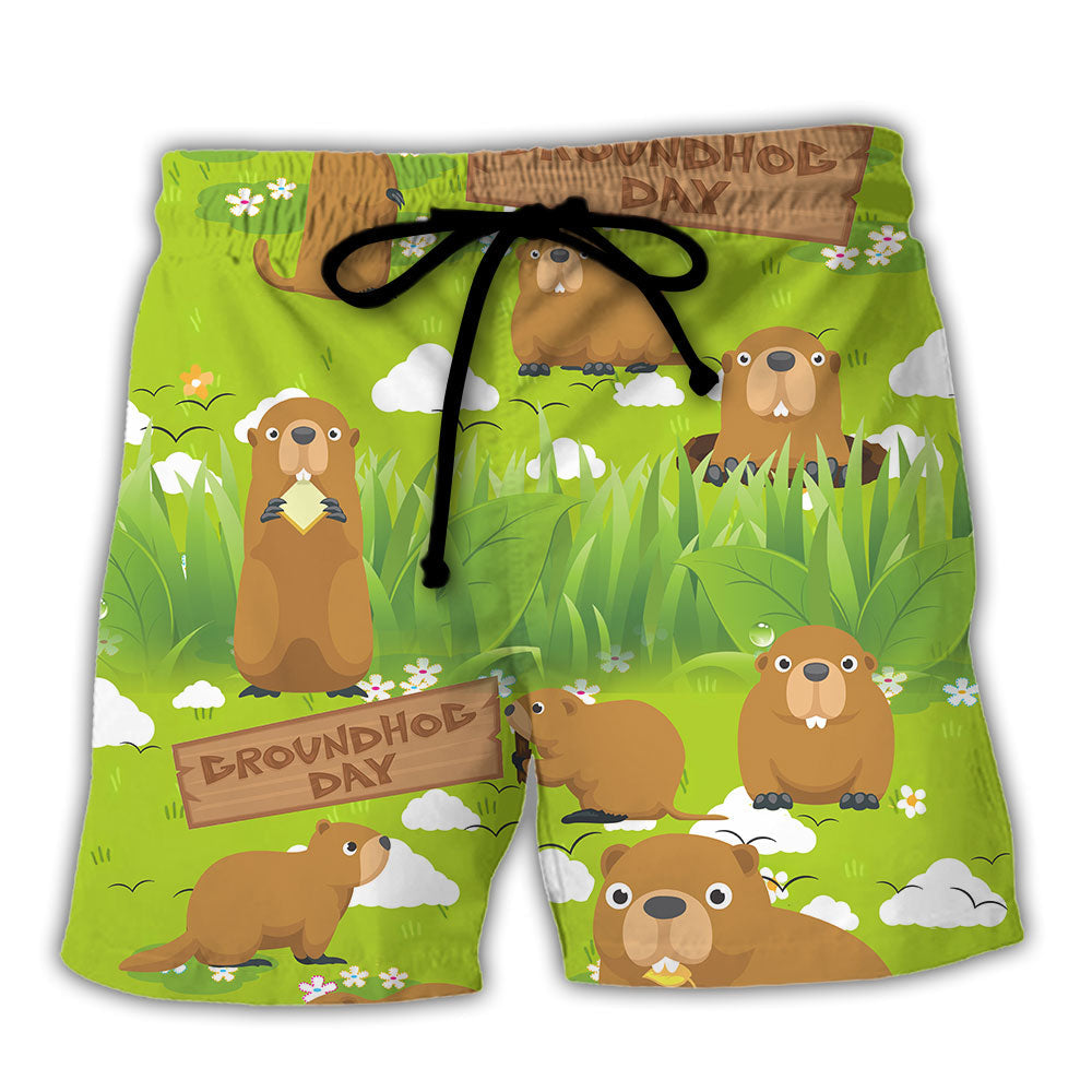 Groundhog Happy Day Lover With Grass Flowers Garden - Beach Short Reefox - Owls Matrix LTD