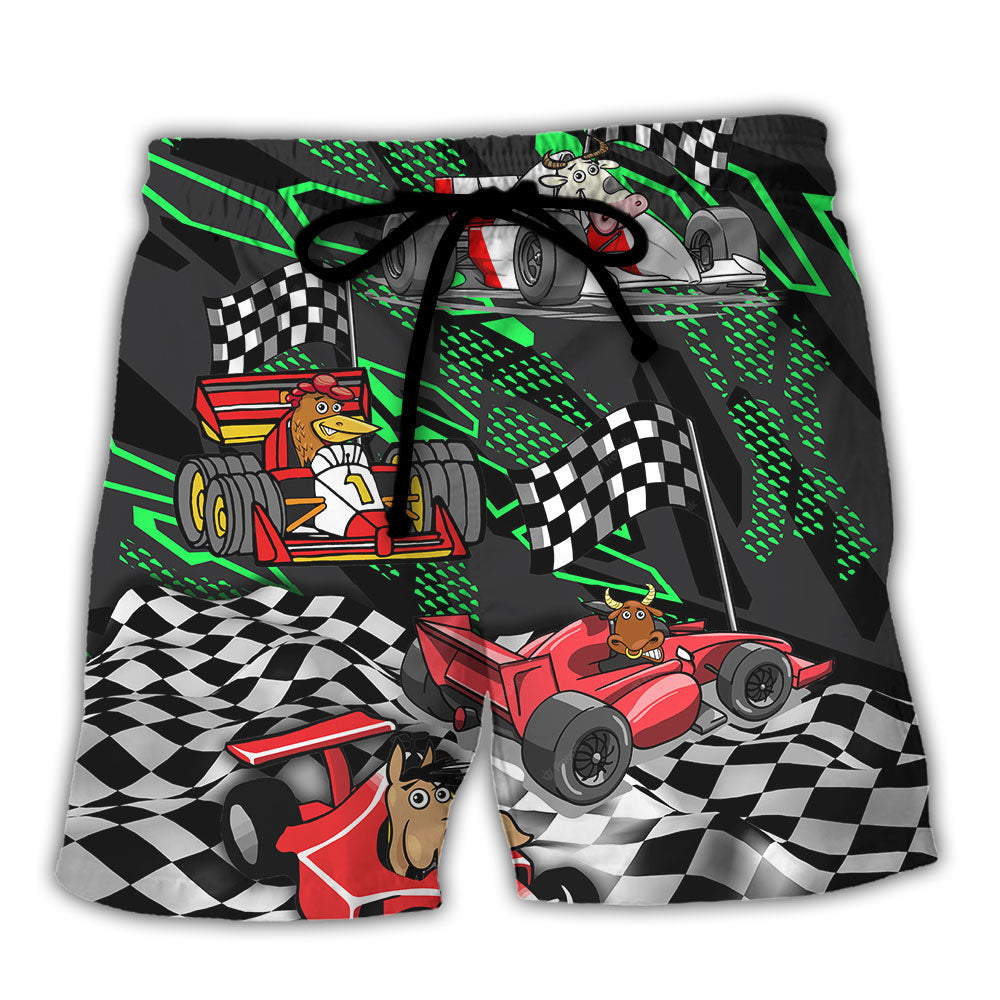 F1 Formula One Animals Racing Car Funny Speed Lover- Beach Short Reefox - Owls Matrix LTD