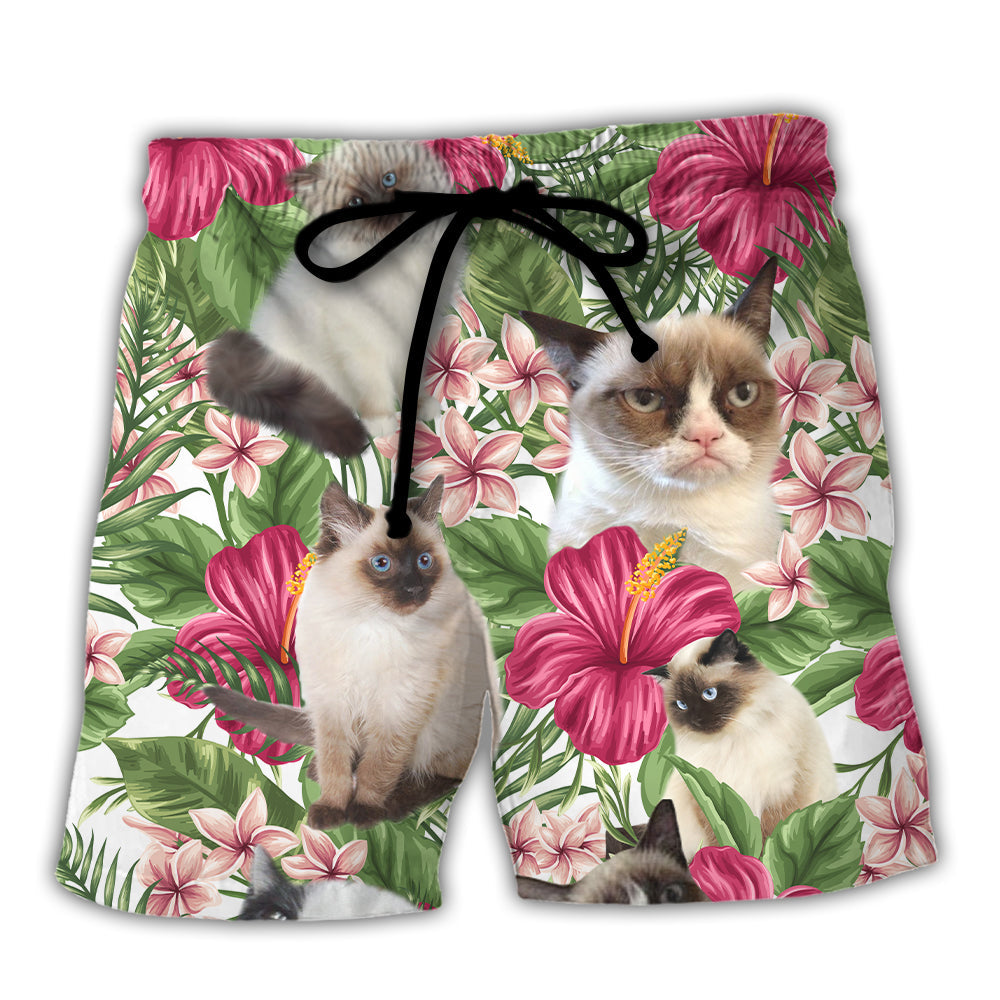 Cat Tropical Floral Lovely Siamese Cat - Beach Short Reefox - Owls Matrix LTD