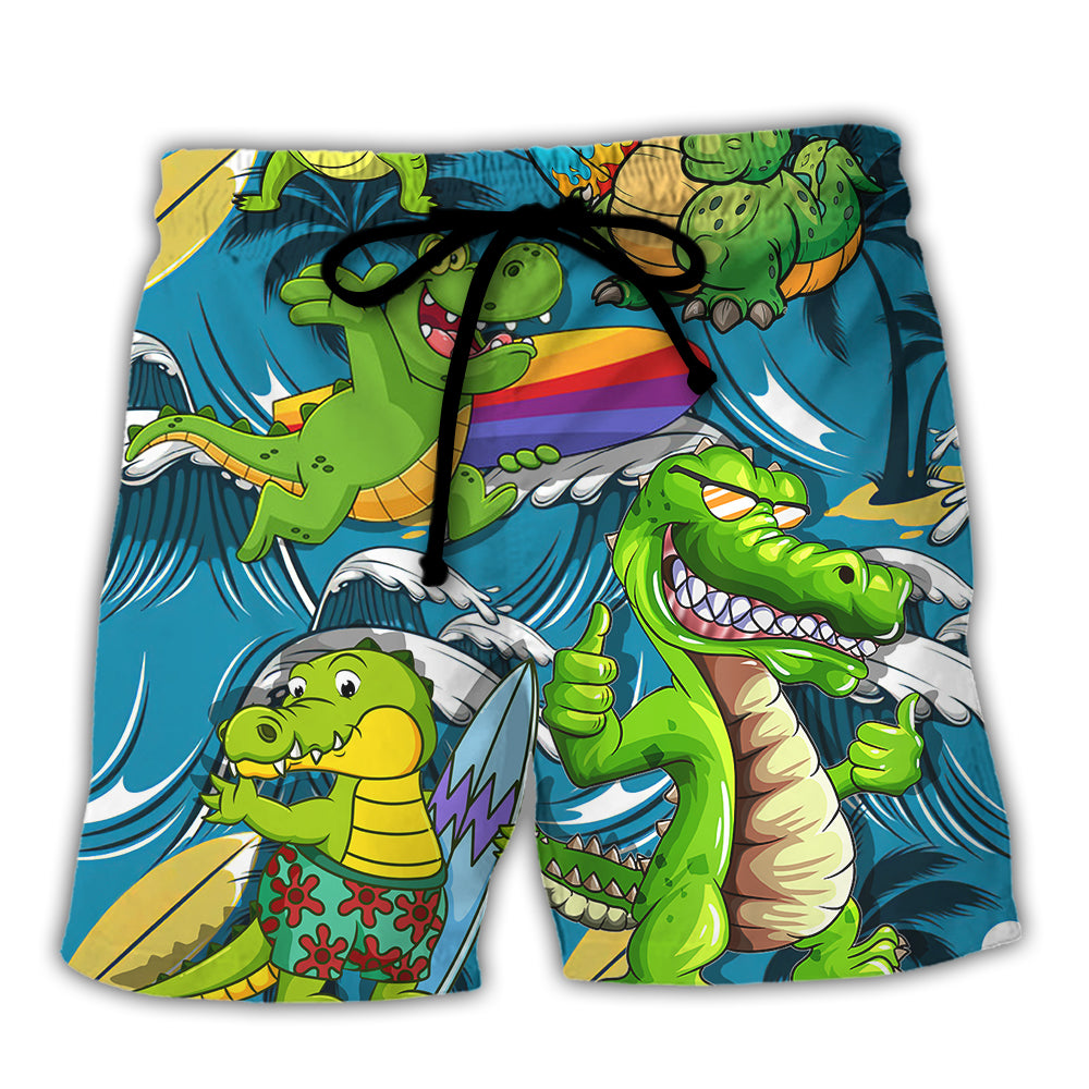Surfing Funny Crocodile You Can't Stop The Waves But You Can Learn to Surf Lovers Surfing - Beach Short Reefox
