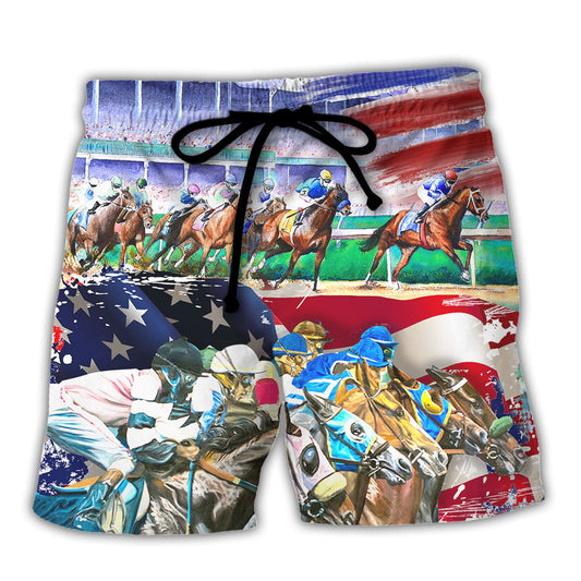 Horse USA Flag Horse Racing Amazing Seat Lover Art Style - Beach Short Reefox - Owls Matrix LTD