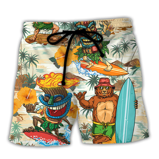 Surfing Funny Bear And Tiki Ride The Wave Follow The Sun Lovers Surfing - Beach Short Reefox