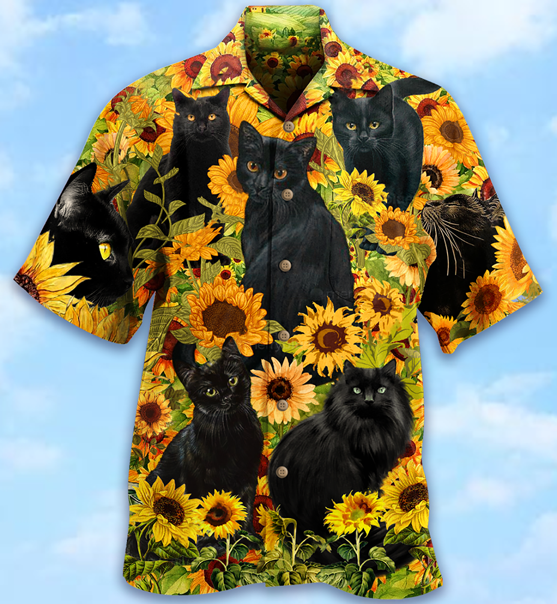 Black Cat Love Sunflower - Hawaiian Shirt - Reefox