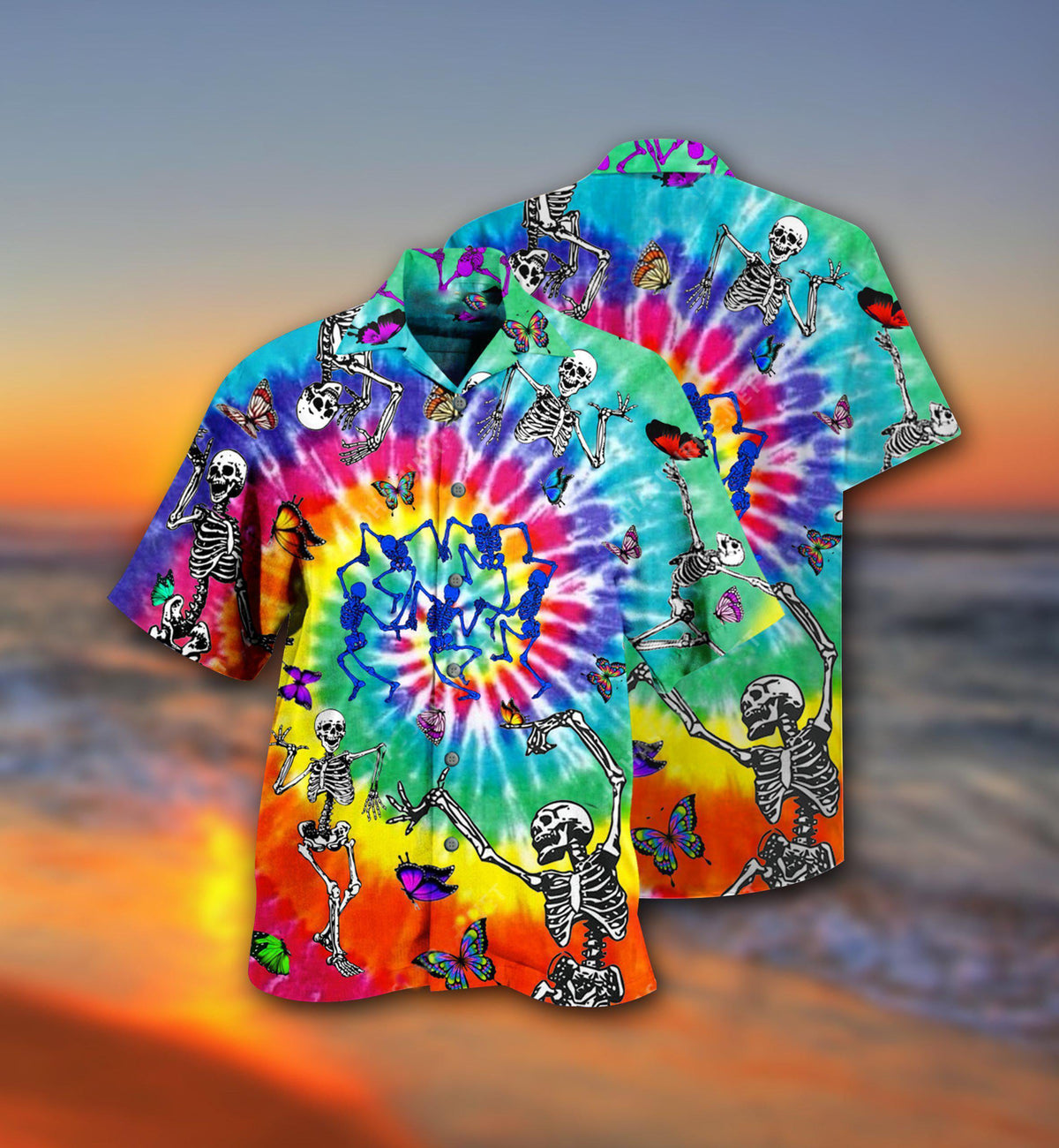 Hippie Skull Dancing With Butterfly Funny - Hawaiian Shirt - Reefox