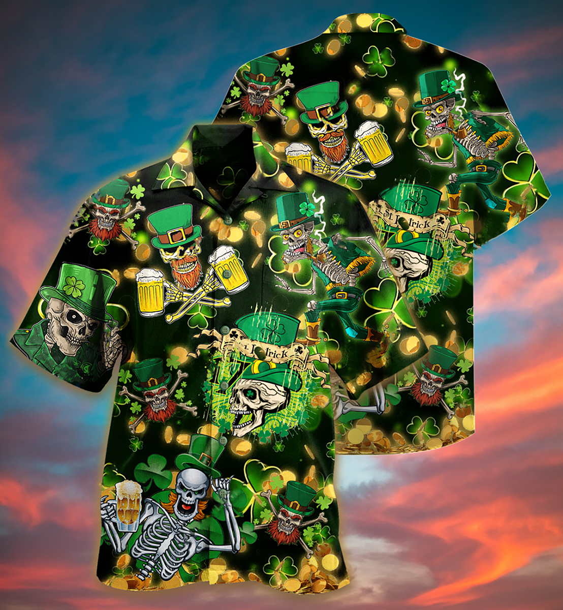 Irish Green Skull Love Beer - Hawaiian Shirt - Reefox