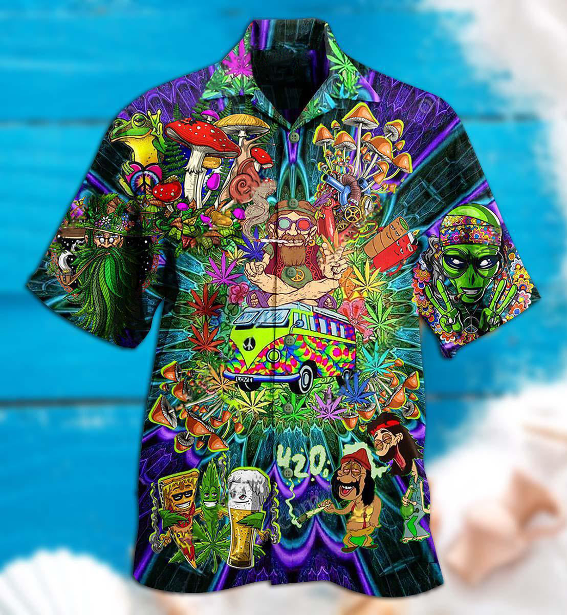 Hippie Mushroom Alien Bus Everything Funny Style - Hawaiian Shirt - Reefox
