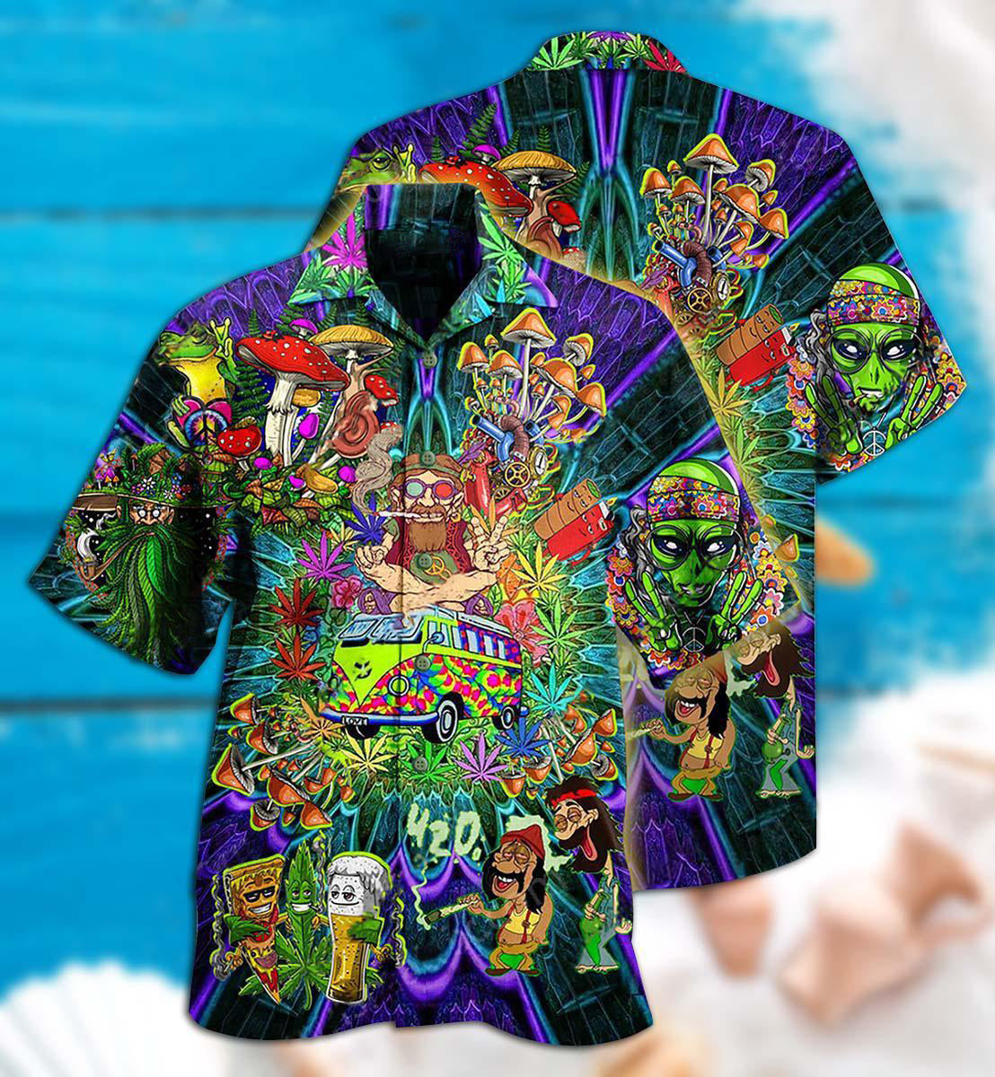 Hippie Mushroom Alien Bus Everything Funny Style - Hawaiian Shirt - Reefox