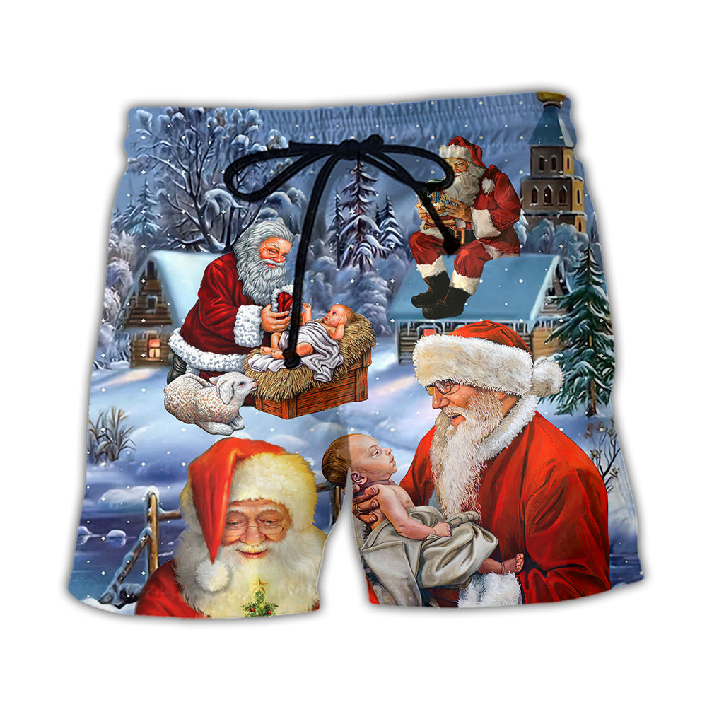 Beach Short / Adults / S Christmas Santa Love Jesus Happy Xmas Is Coming - Beach Short Reefox - Owls Matrix LTD