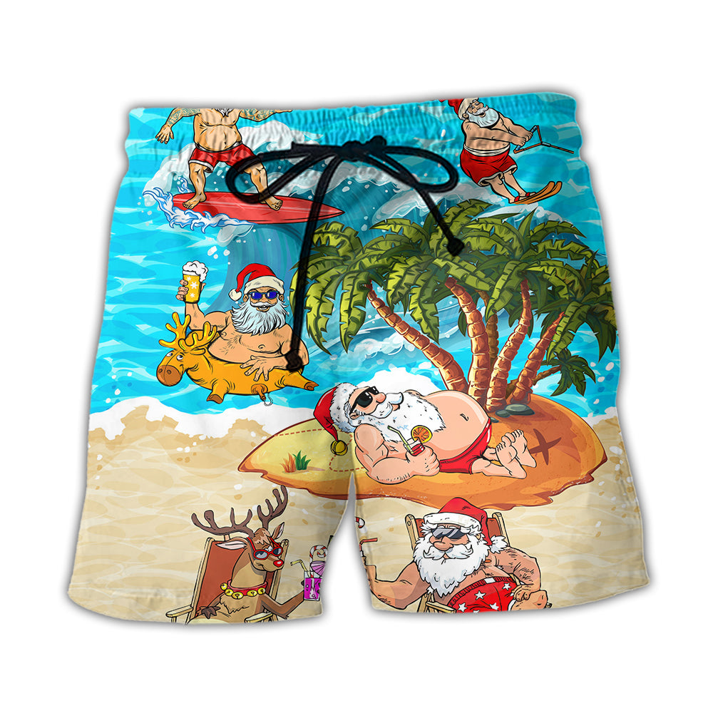 Beach Short / Adults / S Christmas Santa Claus Chilling On The Beach Mele Kalikimaka Funny - Beach Short Reefox - Owls Matrix LTD