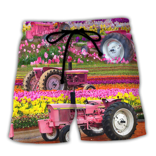 Beach Short / Adults / S Tractor In Field Tulip Rural Landscape Majestically - Beach Short Reefox - Owls Matrix LTD