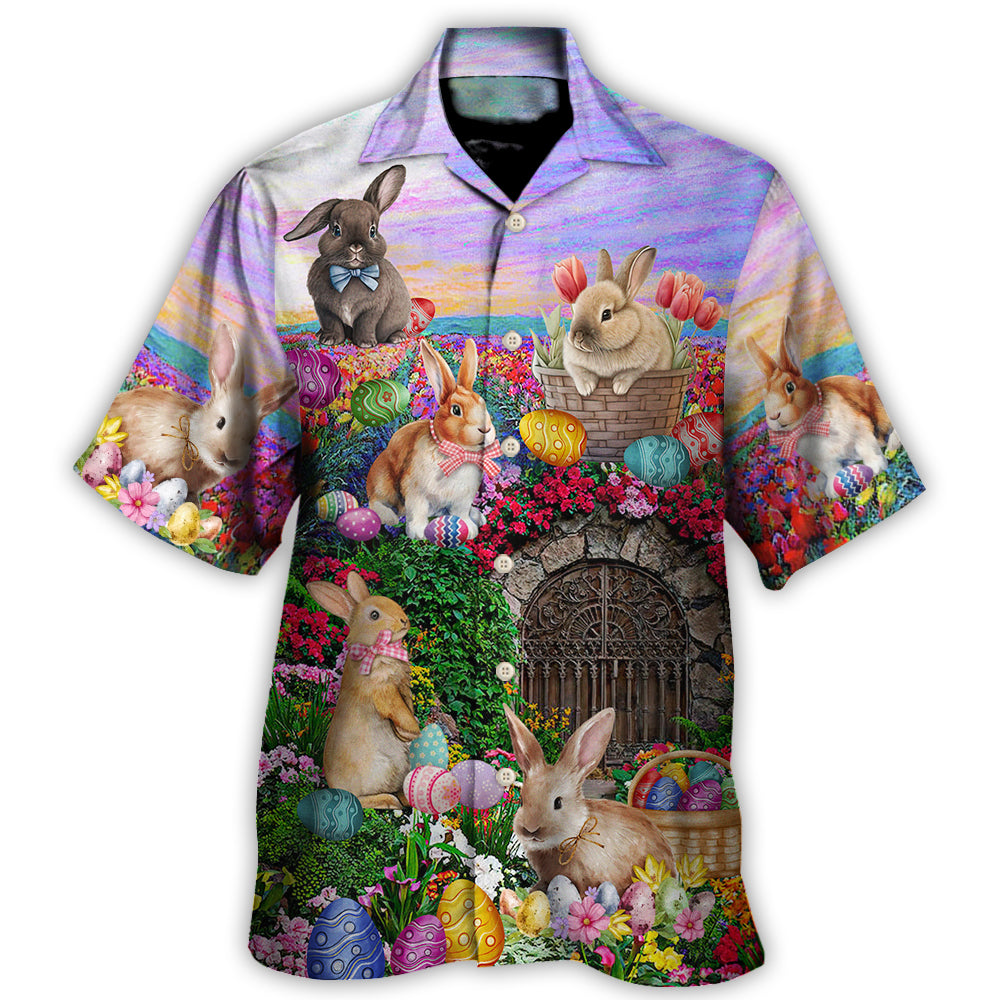 Easter Rabbit Chilling In The Flower Landscape Watercolor Style - Hawaiian Shirt - Reefox