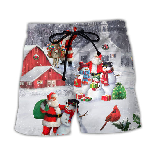 Beach Short / Adults / S Christmas Santa Claus With Snowman Family In The Town Art Style - Beach Short Reefox - Owls Matrix LTD