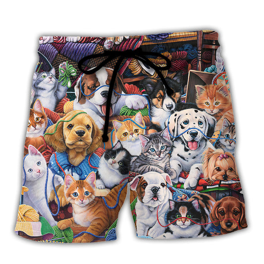 Beach Short / Adults / S Dog And Cat Play Yarn Together - Beach Short Reefox - Owls Matrix LTD