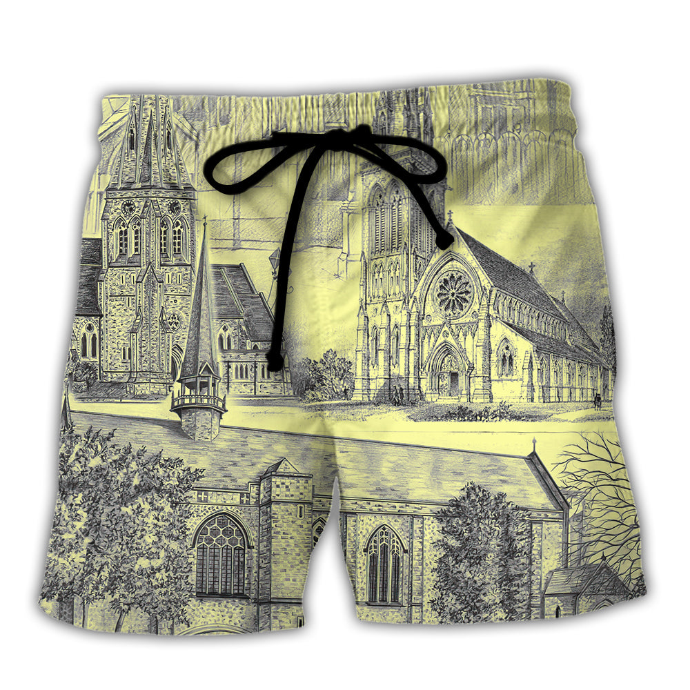 Church With Grey Vintage Style - Beach Short Reefox - Owls Matrix LTD