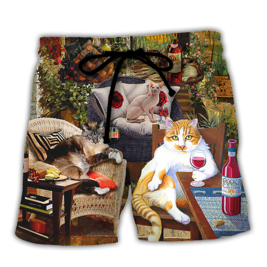 Beach Short / Adults / S Cat Drink Wine And Judge - Beach Short Reefox - Owls Matrix LTD