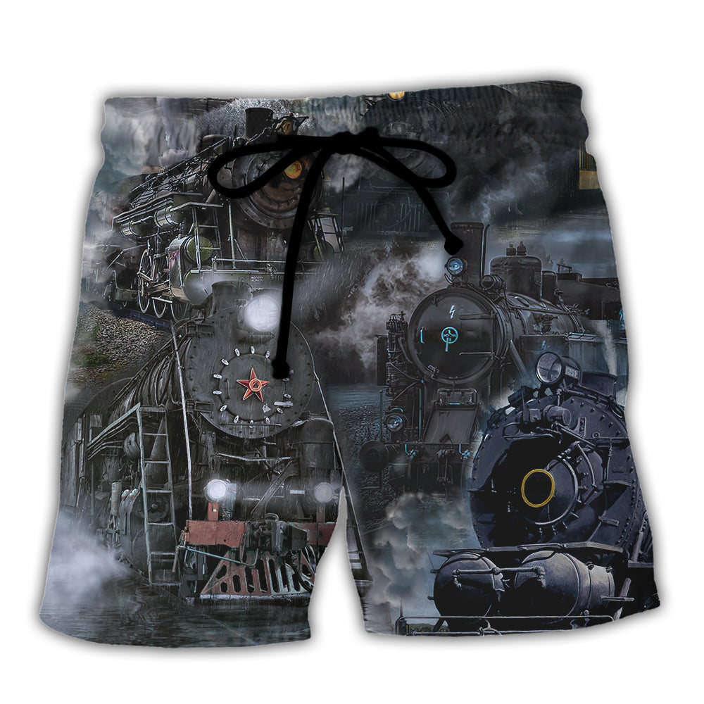 Beach Short / Adults / S Train Emerging From A Cloud Of Steam In The Middle Night - Beach Short Reefox - Owls Matrix LTD