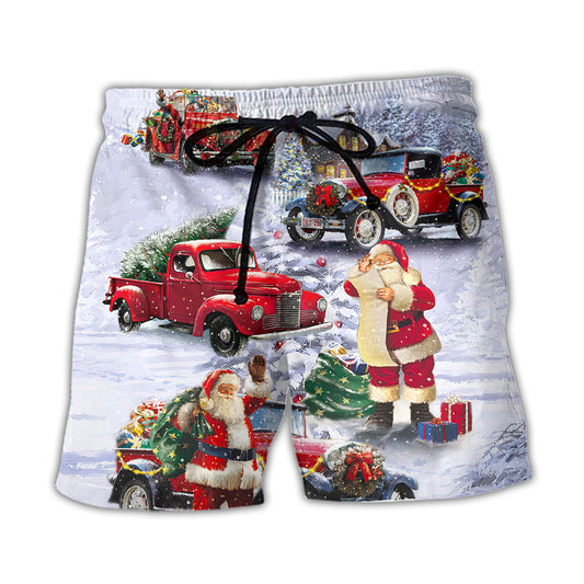 Beach Short / Adults / S Christmas Santa Claus Funny Red Truck Gift For Xmas Painting Style - Beach Short Reefox - Owls Matrix LTD