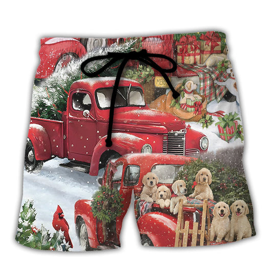Christmas Red Truck With Xmas Tree And Little Puppy - Beach Short Reefox - Owls Matrix LTD