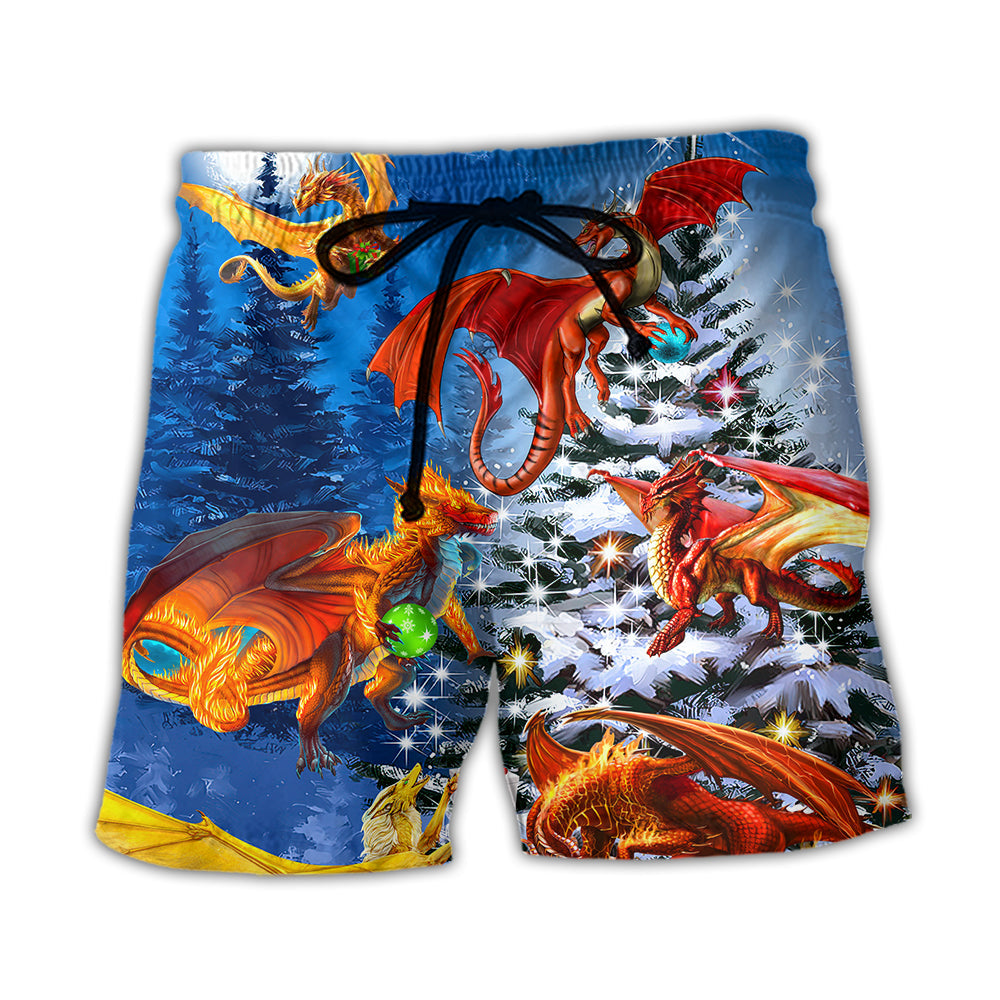 Beach Short / Adults / S Christmas Dragon Family In Love Light Art Style - Beach Short Reefox - Owls Matrix LTD