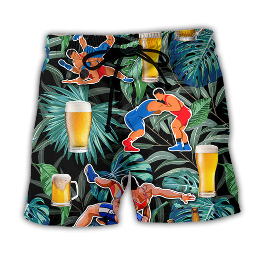 Beach Short / Adults / S Beer And Wrestling Tropical Pattern - Beach Short Reefox - Owls Matrix LTD