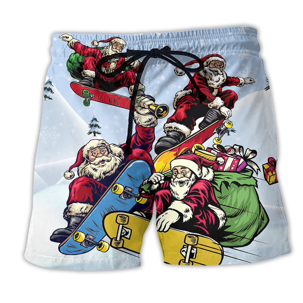 Beach Short / Adults / S Christmas Santa Skateboard Snow Day - Beach Short Reefox - Owls Matrix LTD