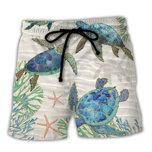 Beach Short / Adults / S Turtle Peaceful Relaxing Calm Of The Beach And Ship With Sails - Beach Short Reefox - Owls Matrix LTD