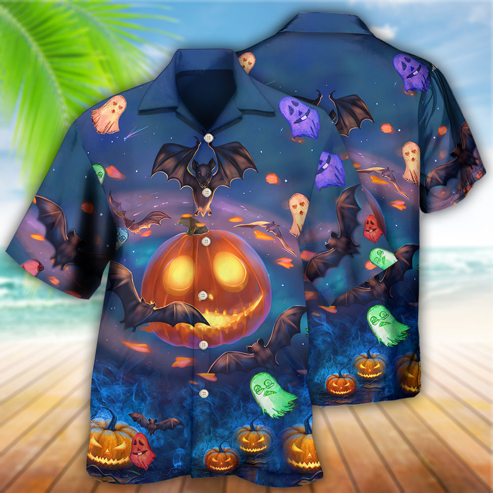 Halloween Glowing Pumpkins By Night With Bat - Hawaiian Shirt - Reefox