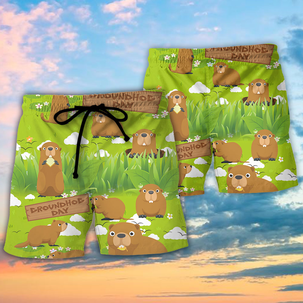 Groundhog Happy Day Lover With Grass Flowers Garden - Beach Short Reefox - Owls Matrix LTD