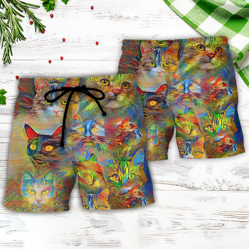 Cat Beautiful Colorful Painting - Beach Short Reefox - Owls Matrix LTD