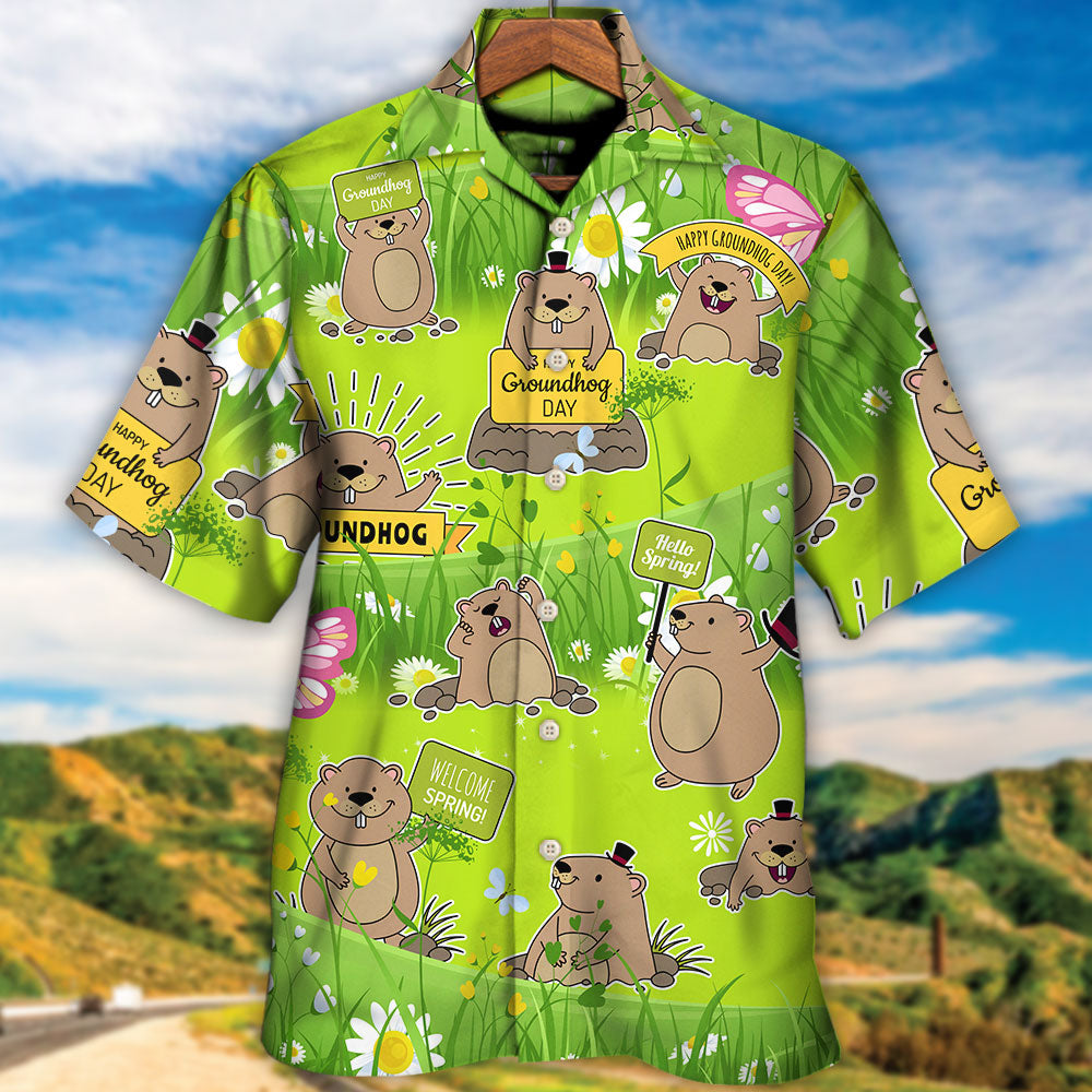 Groundhog Day Happy Spring With Flowers - Hawaiian Shirt - Reefox
