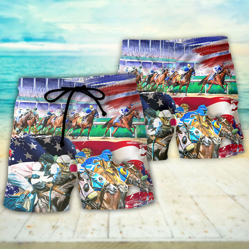 Horse USA Flag Horse Racing Amazing Seat Lover Art Style - Beach Short Reefox - Owls Matrix LTD