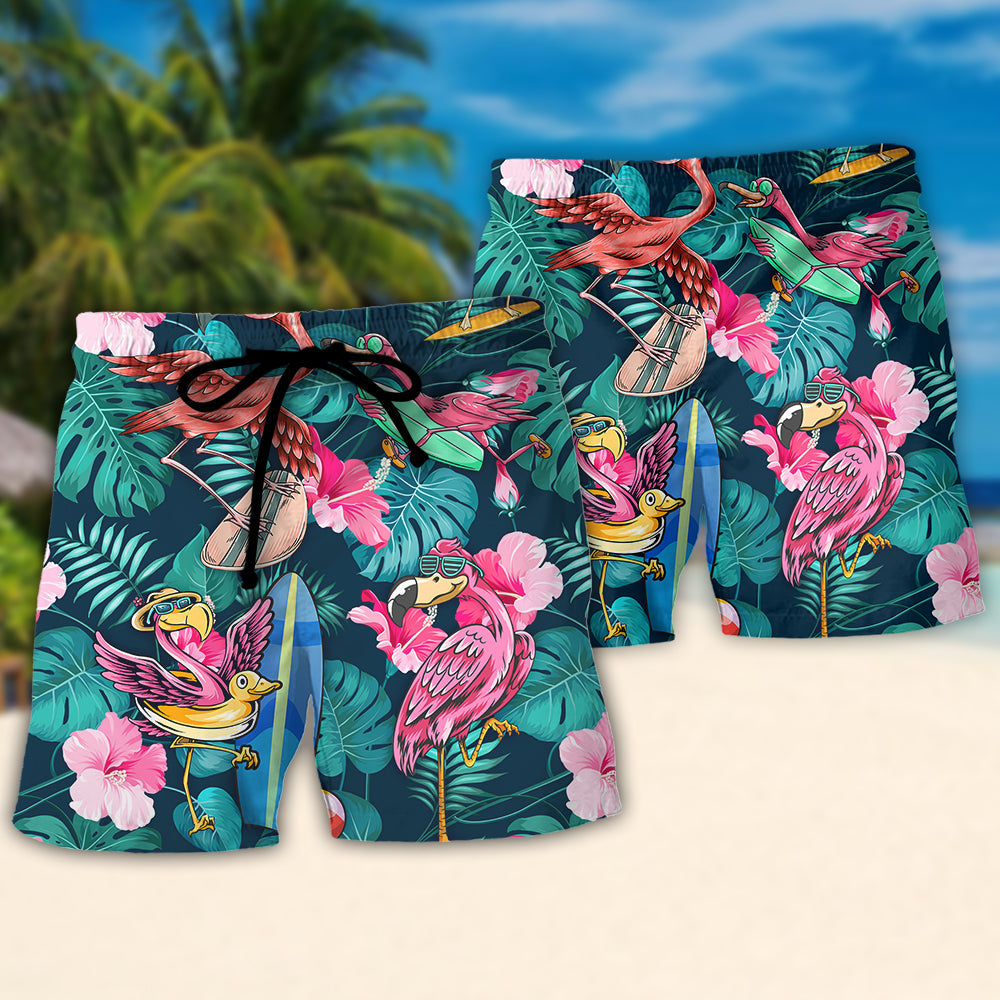 Surfing Funny Flamingo You Can't Stop The Waves But You Can Learn To Surf - Beach Short Reefox