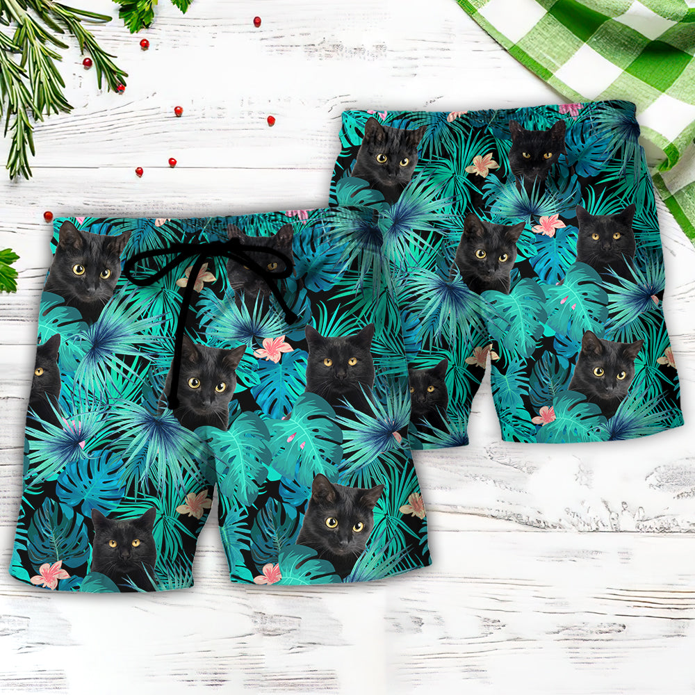 Black Cat Lover Tropical Leaf - Beach Short Reefox - Owls Matrix LTD