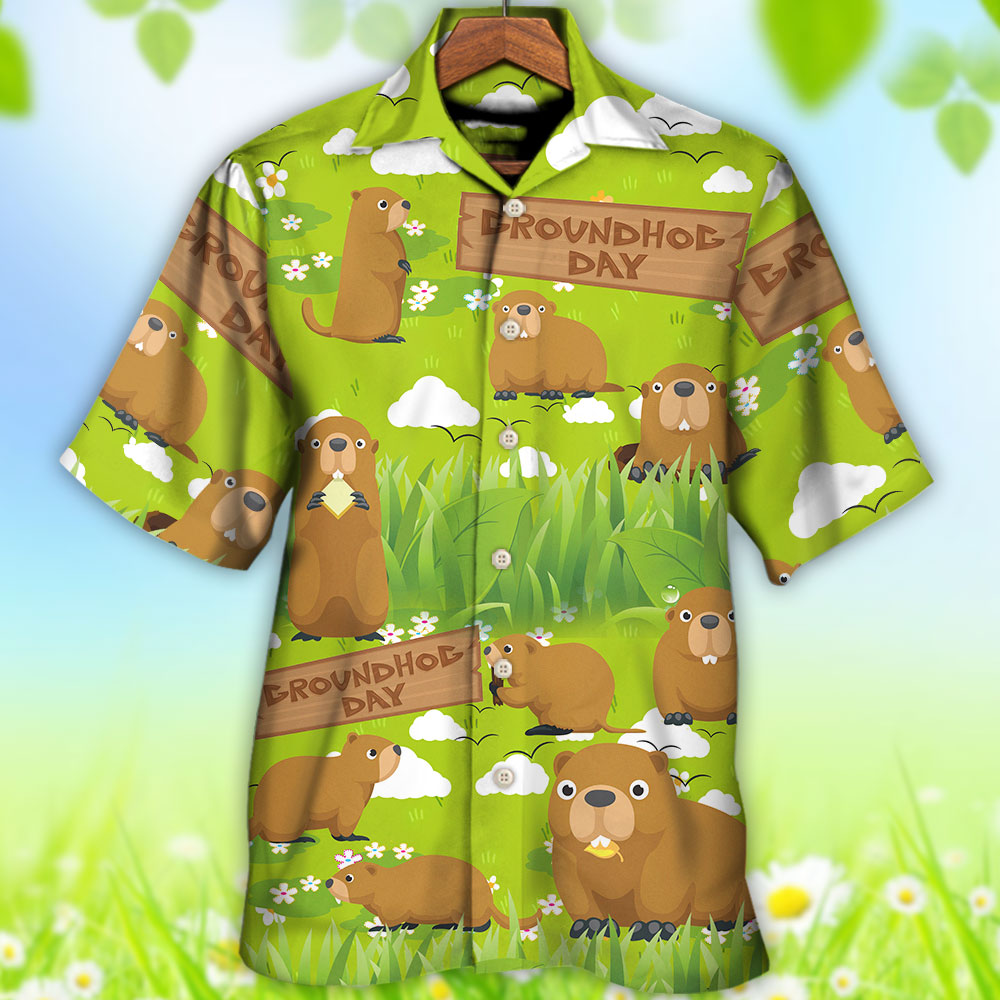 Groundhog Happy Day With Grass Flowers Garden - Hawaiian Shirt - Reefox