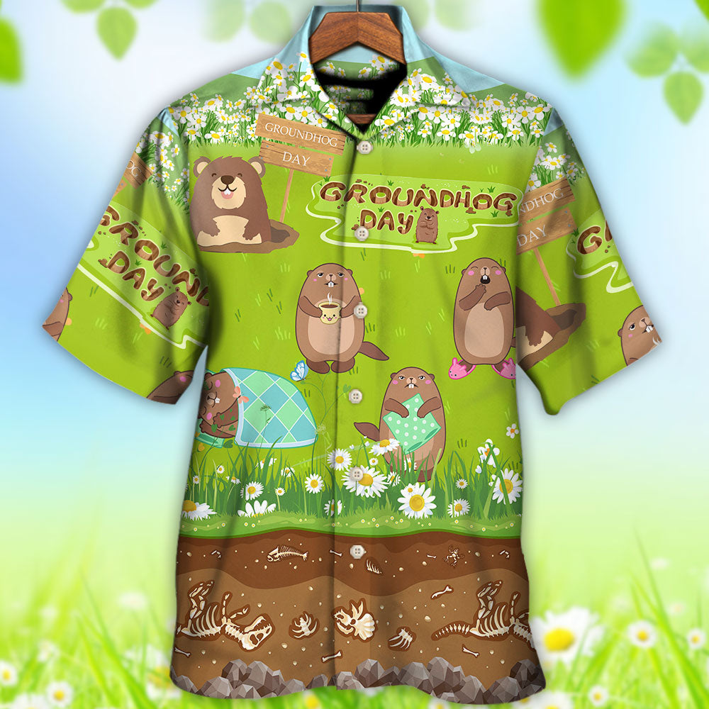 Groundhog Day Happy Spring Day With Grass Flowers - Hawaiian Shirt - Reefox