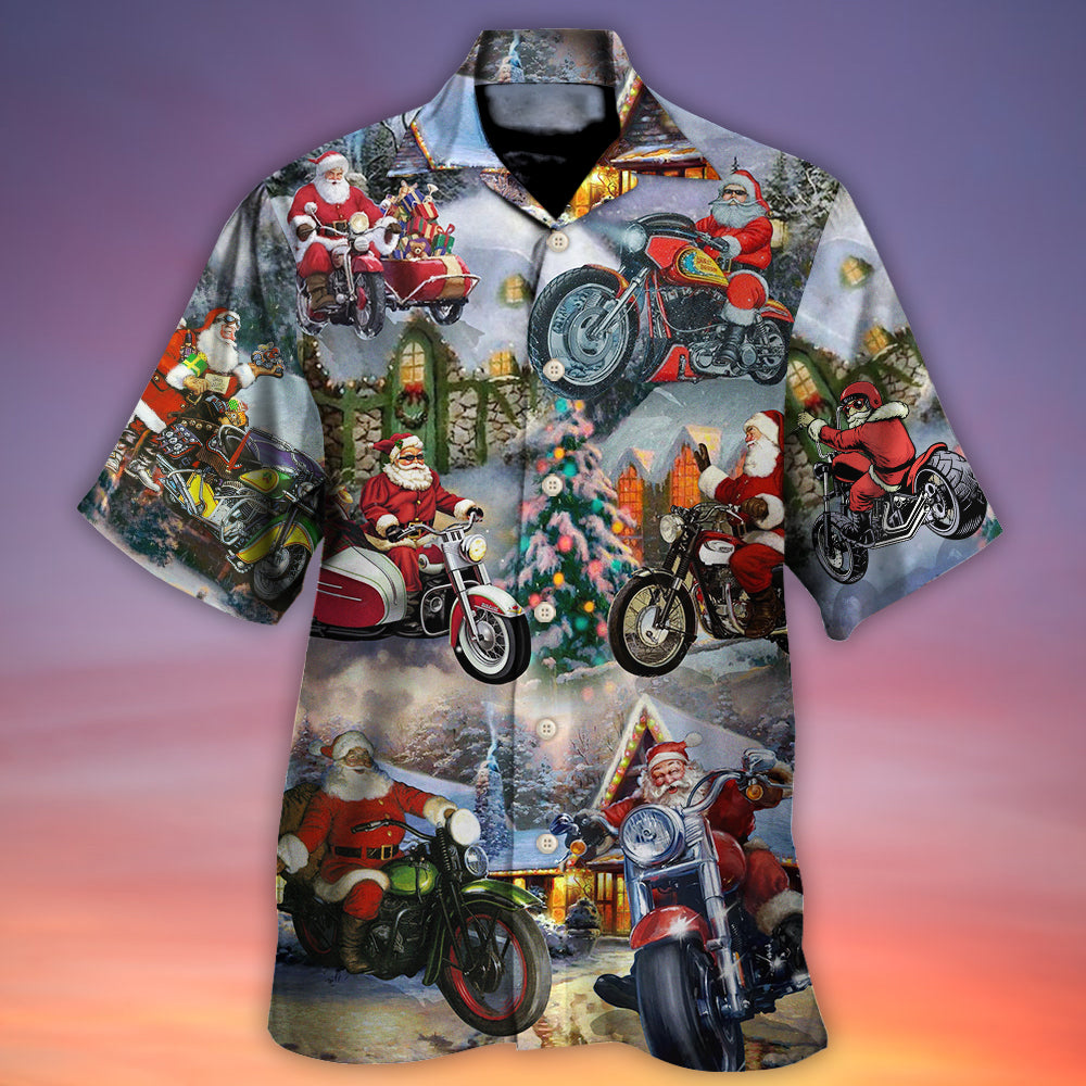 Christmas Santa Claus Driving Motorcycle Bike Gift Light Art Style - Hawaiian Shirt - Reefox