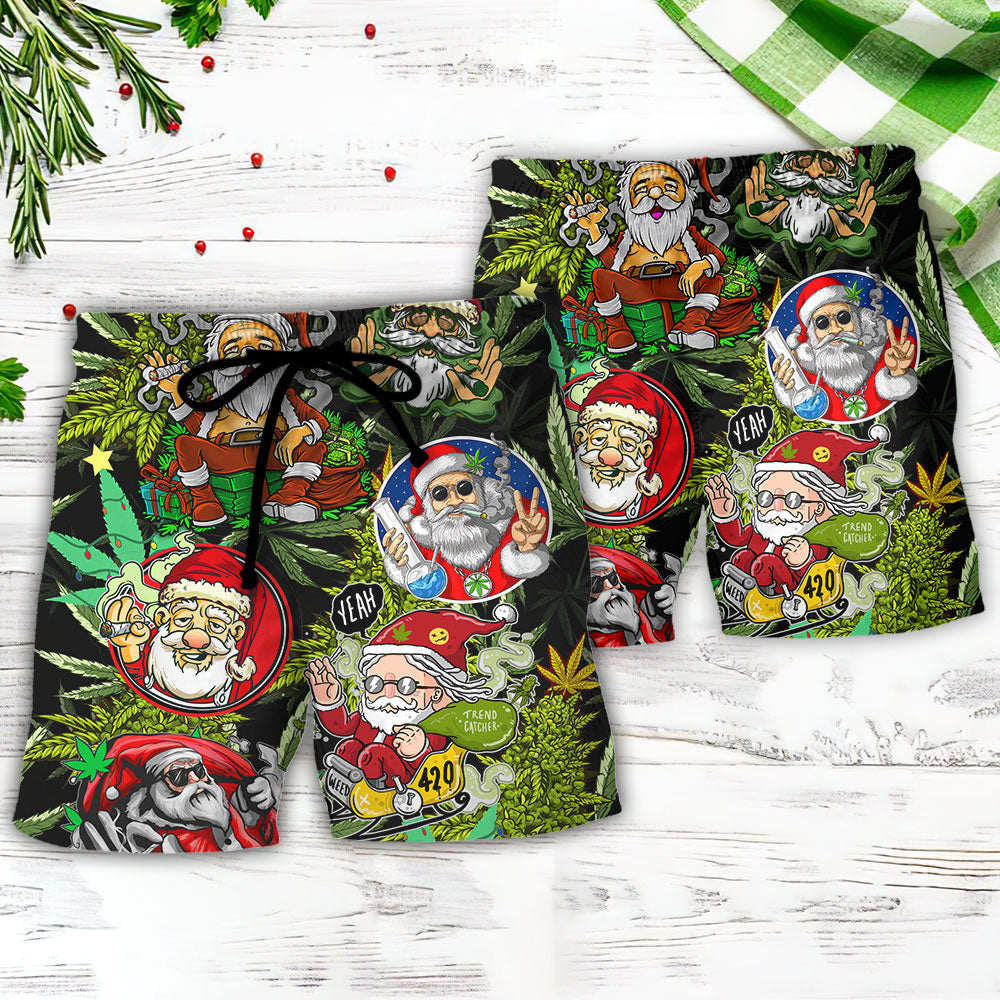 Christmas Weed Smoking Santa Hippie - Beach Short Reefox - Owls Matrix LTD
