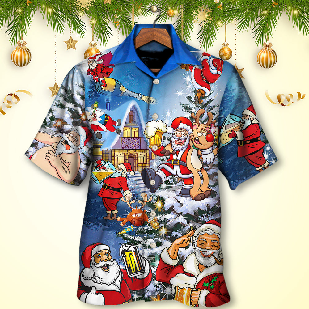 Christmas Funny Santa Claus Drinking Beer Troll Xmas - Hawaiian Shirt - Reefox