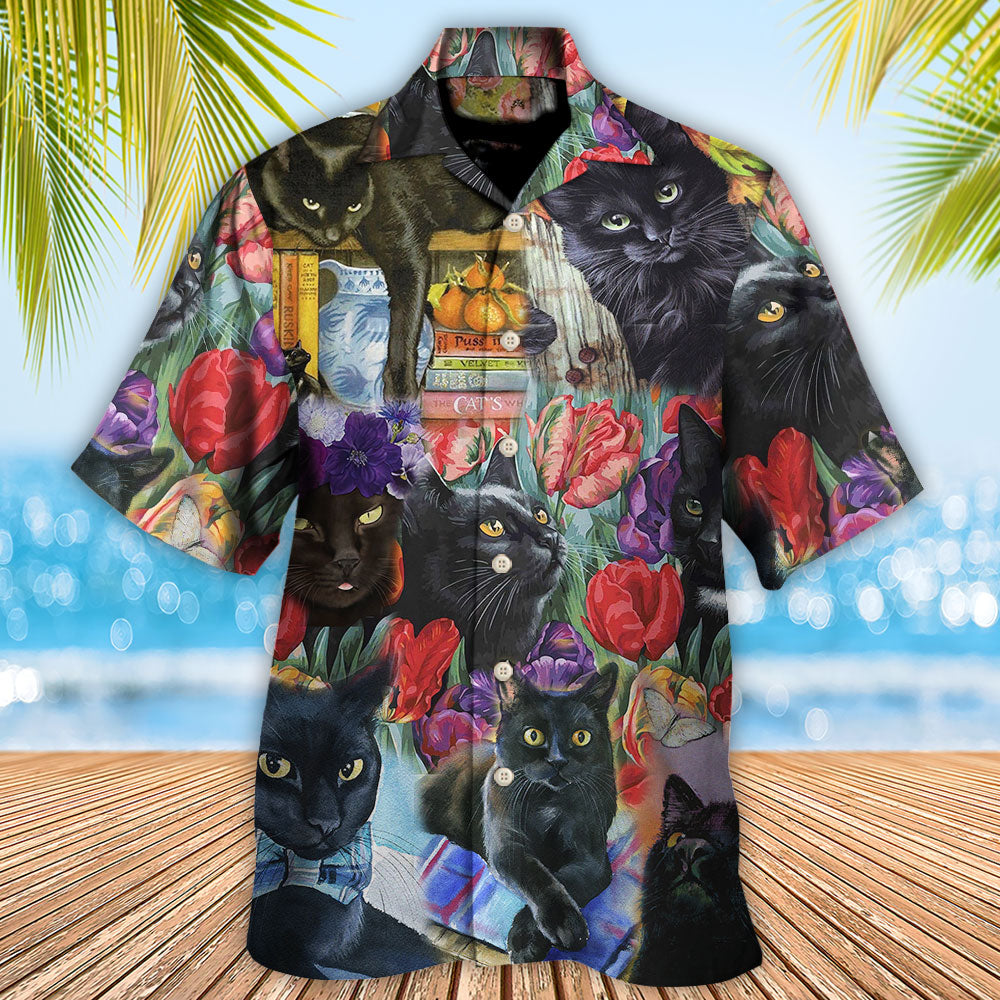Black Cat Art With Flowers - Hawaiian Shirt - Reefox