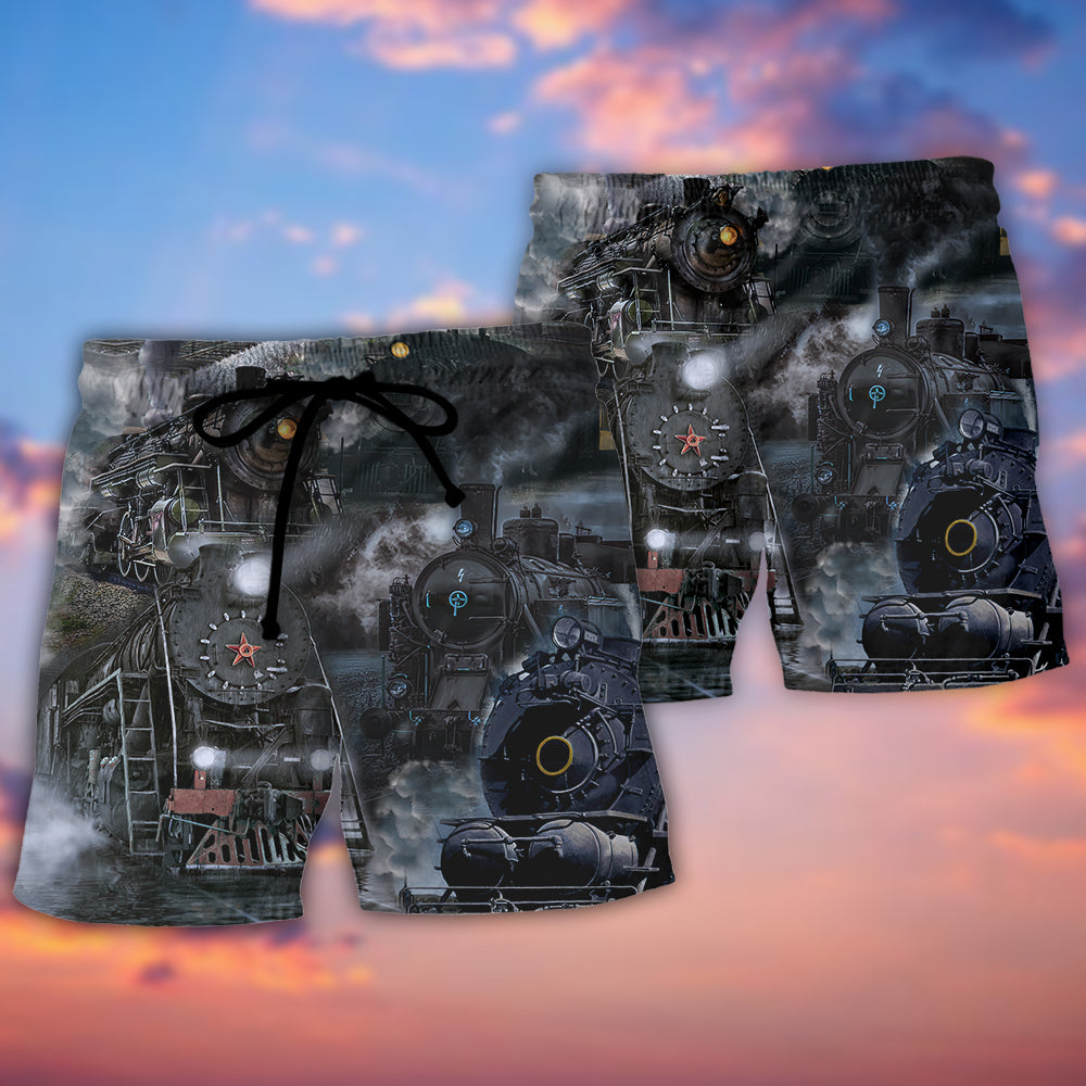 Train Emerging From A Cloud Of Steam In The Middle Night - Beach Short Reefox - Owls Matrix LTD