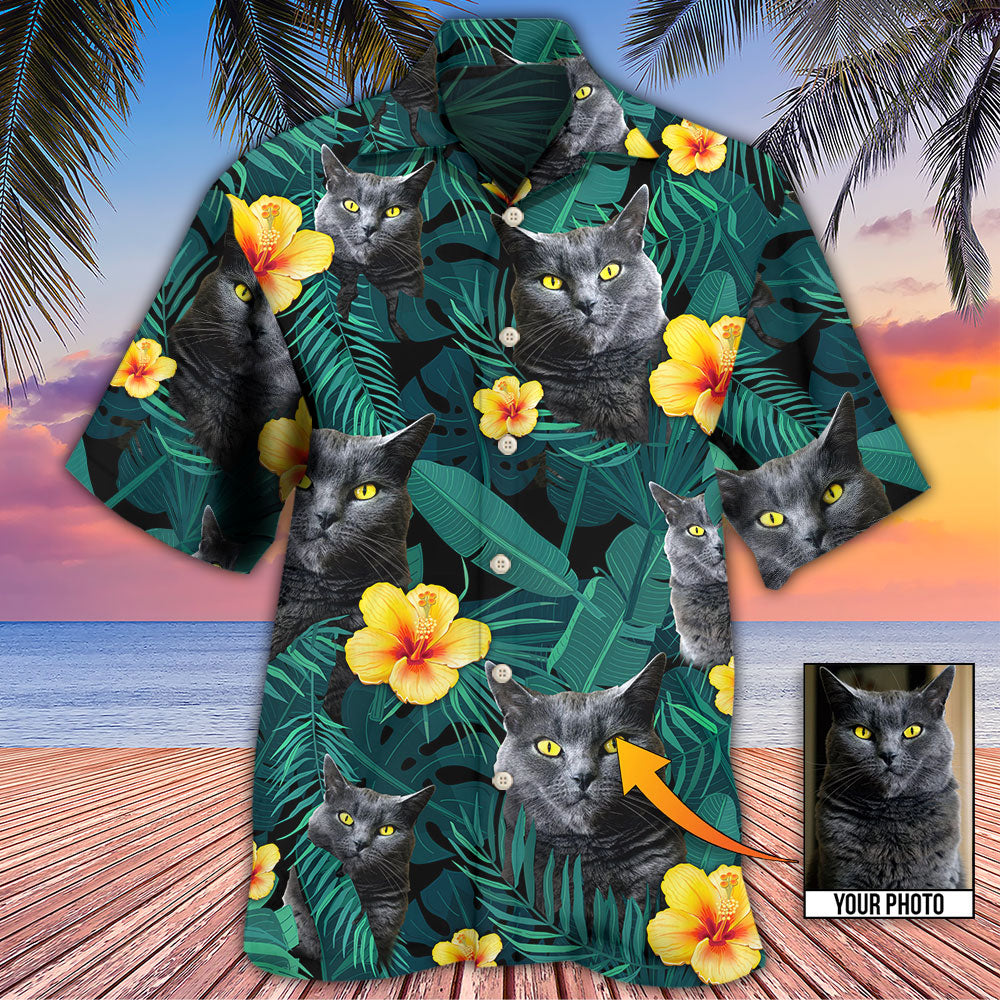 Black Cat Green Tropical Custom Photo - Hawaiian Shirt - Reefox