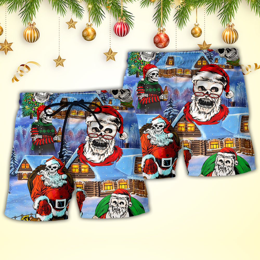 Christmas Skull Santa In The Town Love Xmas - Beach Short Reefox - Owls Matrix LTD