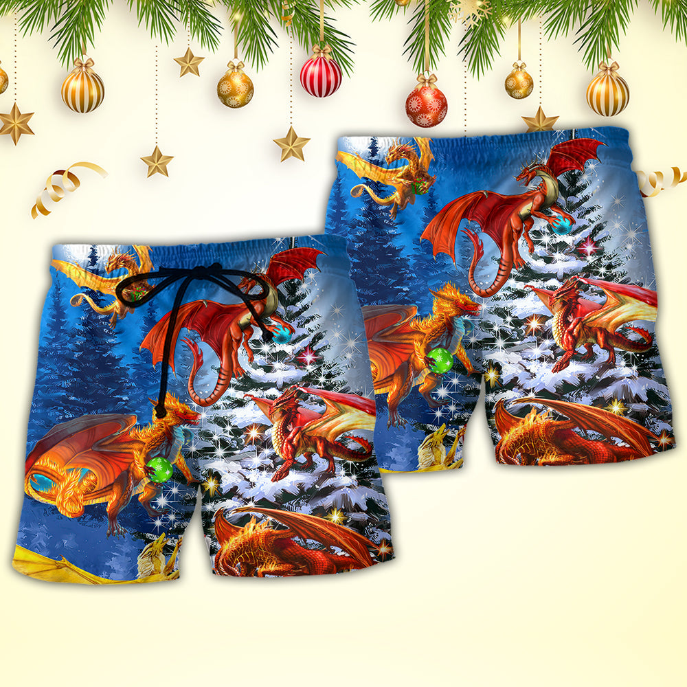 Christmas Dragon Family In Love Light Art Style - Beach Short Reefox - Owls Matrix LTD