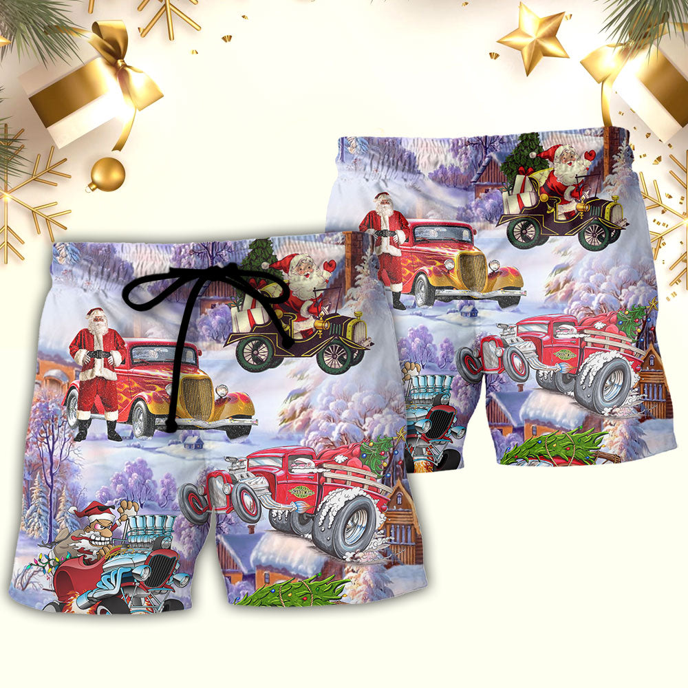 Santa Hot Rod Christmas Tree Merry Xmas - Beach Short Reefox - Owls Matrix LTD