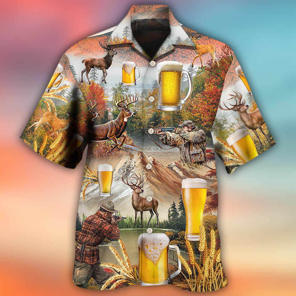 Beer And Hunting Deer Autumn Mountain - Hawaiian Shirt - Reefox