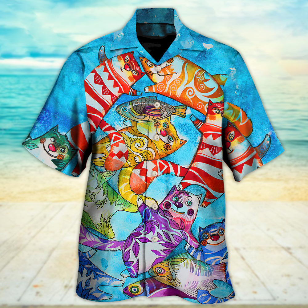 Cat And Fish Funny Together - Hawaiian Shirt - Reefox